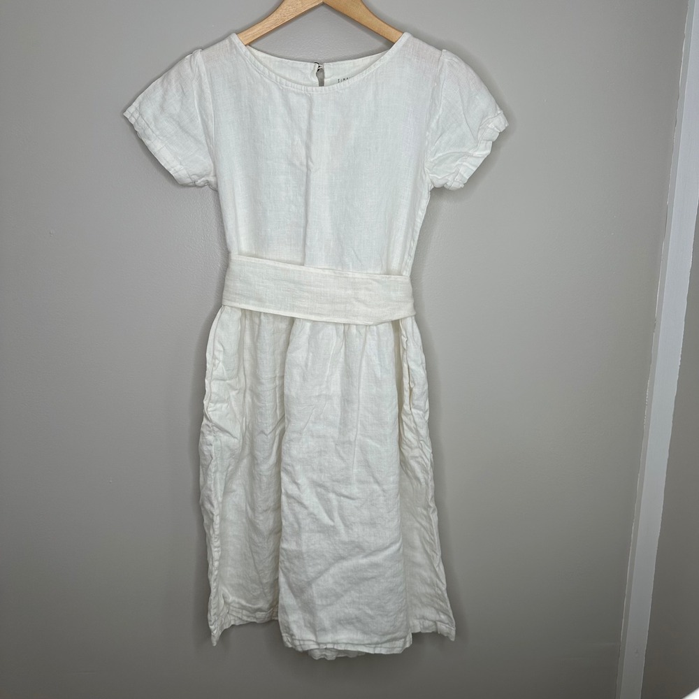 Simply Grey White Linen Blend Dress Belted‎ Pockets Casual Summer Womens XS